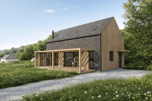 Goderville — Maison contemporaine ossature bois Maison contemporaine en ossature bois, caractérisée par une écriture sobre, des volumes simples et une matérialité affirmée.