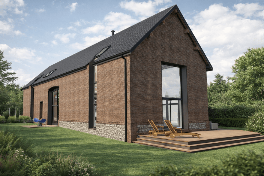 Saint-Aubin-de-Celloville — Grange Transformation d’une grange en habitation, valorisant la structure existante, les proportions et la matérialité d’origine.